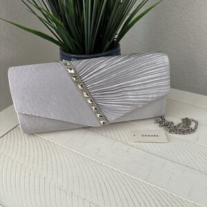 New Damara Evening Handbag Crystal Embellished Pleated Satin Clutch Gray Purse